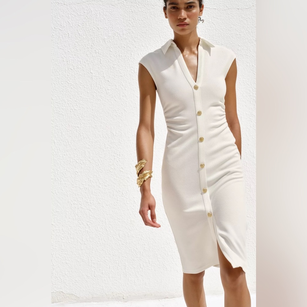 Zara Pique Midi Dress Oyster White Sleeveless & Gold Button Stretch V neck NWT S - Picture 11 of 14